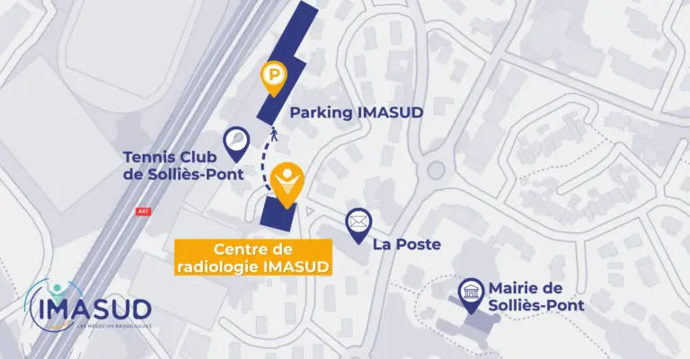 Plan d’accès au centre de radiologie IMASUD de Solliès-Pont et à son parking réservé aux patients