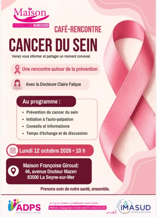 Affiche du café-rencontre Octobre Rose sur la prévention du cancer du sein avec la Docteure Claire Falque, à la Maison Françoise Giroud à La Seyne-sur-Mer.