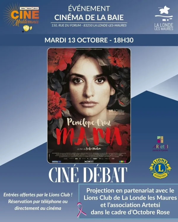 Affiche du ciné-débat Octobre Rose à La Londe-les-Maures, le 13 octobre 2026 au Cinéma de la Baie, avec la projection du film Ma Ma.