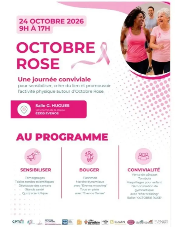 Affiche de la journée Octobre Rose organisée le 24 octobre 2026 à Évenos, avec des animations autour de la prévention des cancers et de l’activité physique.