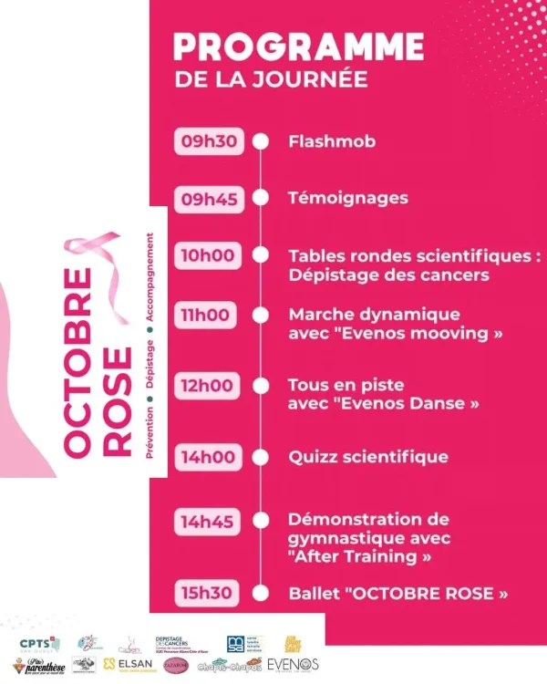 Programme de la journée Octobre Rose à Évenos avec les horaires des témoignages, tables rondes sur le dépistage des cancers et activités physiques.